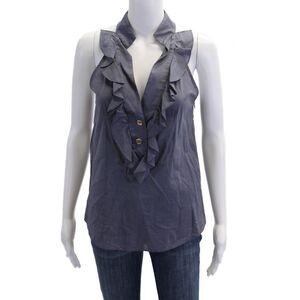 Sunner Womens Sleeveless Ruffled V Neck Blouse Blue Cotton Size 2